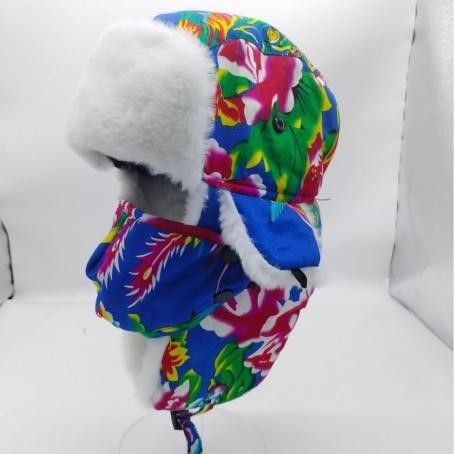 New Winter Northeast Big Flower Hat National Style Lei Feng Hat Thickened Velvet Retro Mask Hat Cross-border